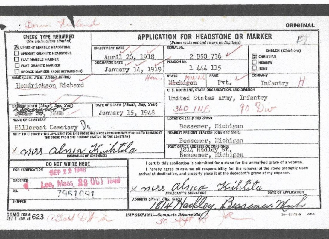 Hendrickson, Richard, gravestone application 001