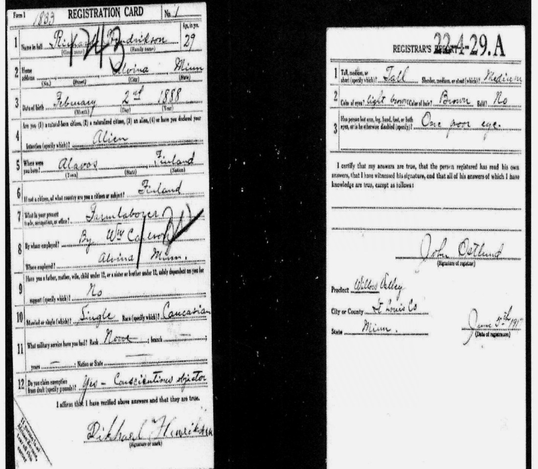 R Hendrickson WWI Draft card 001