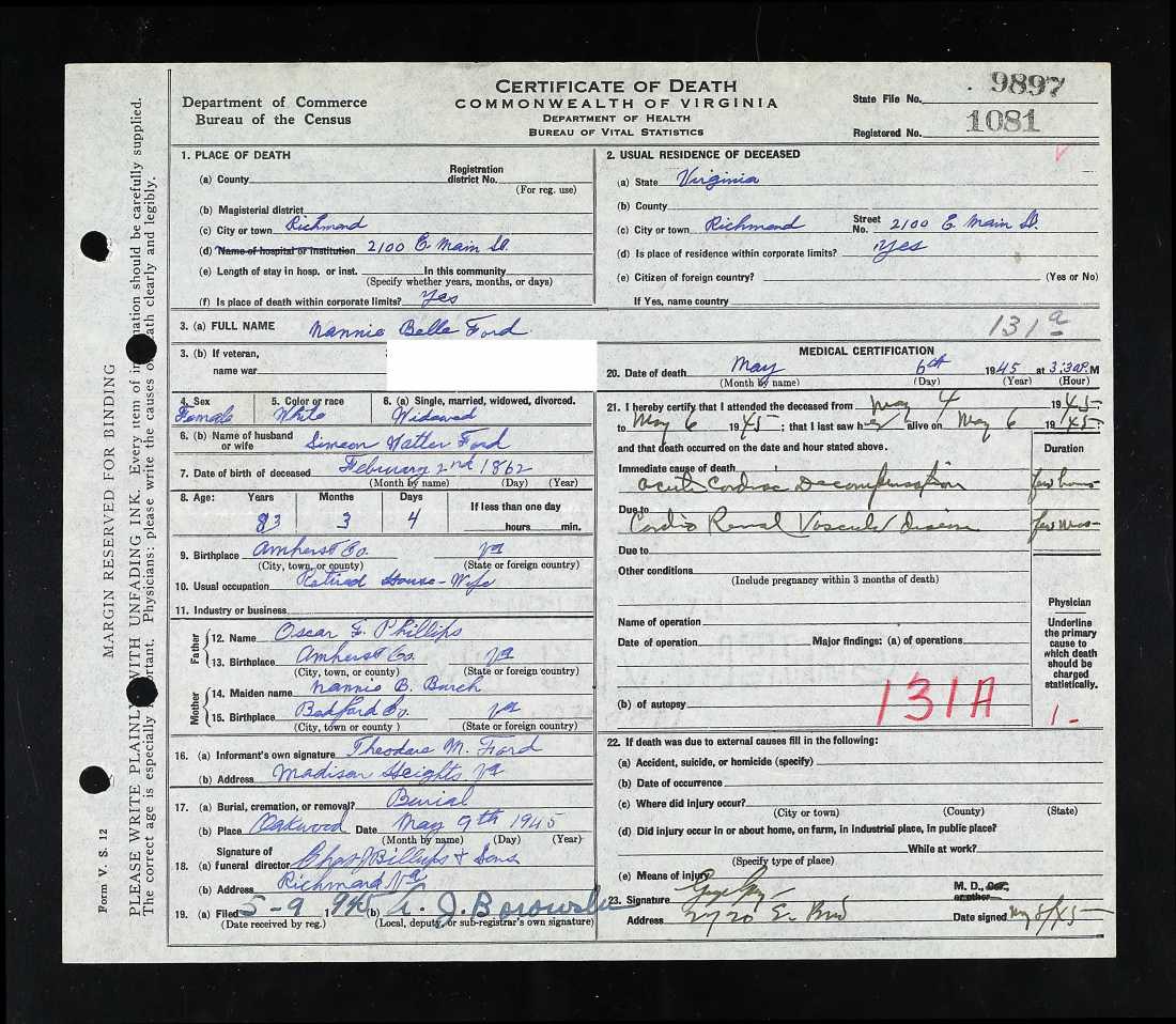 Ford, Nannie belle death cert
