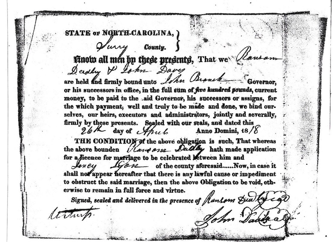 Dudley, Ransom and Lyon, Jency, marriage 1818 001