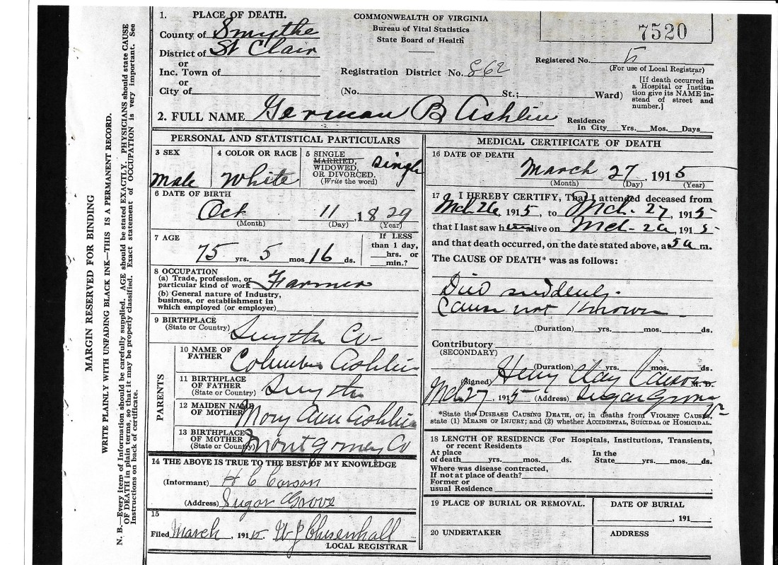 Ashlin, German B, Death cert, 1915, St Clair, Smyth VA 001
