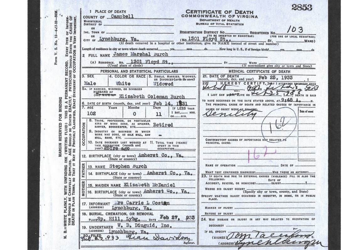 Burch, James Marshal, death cert, 1933, Lynchburg VA 001